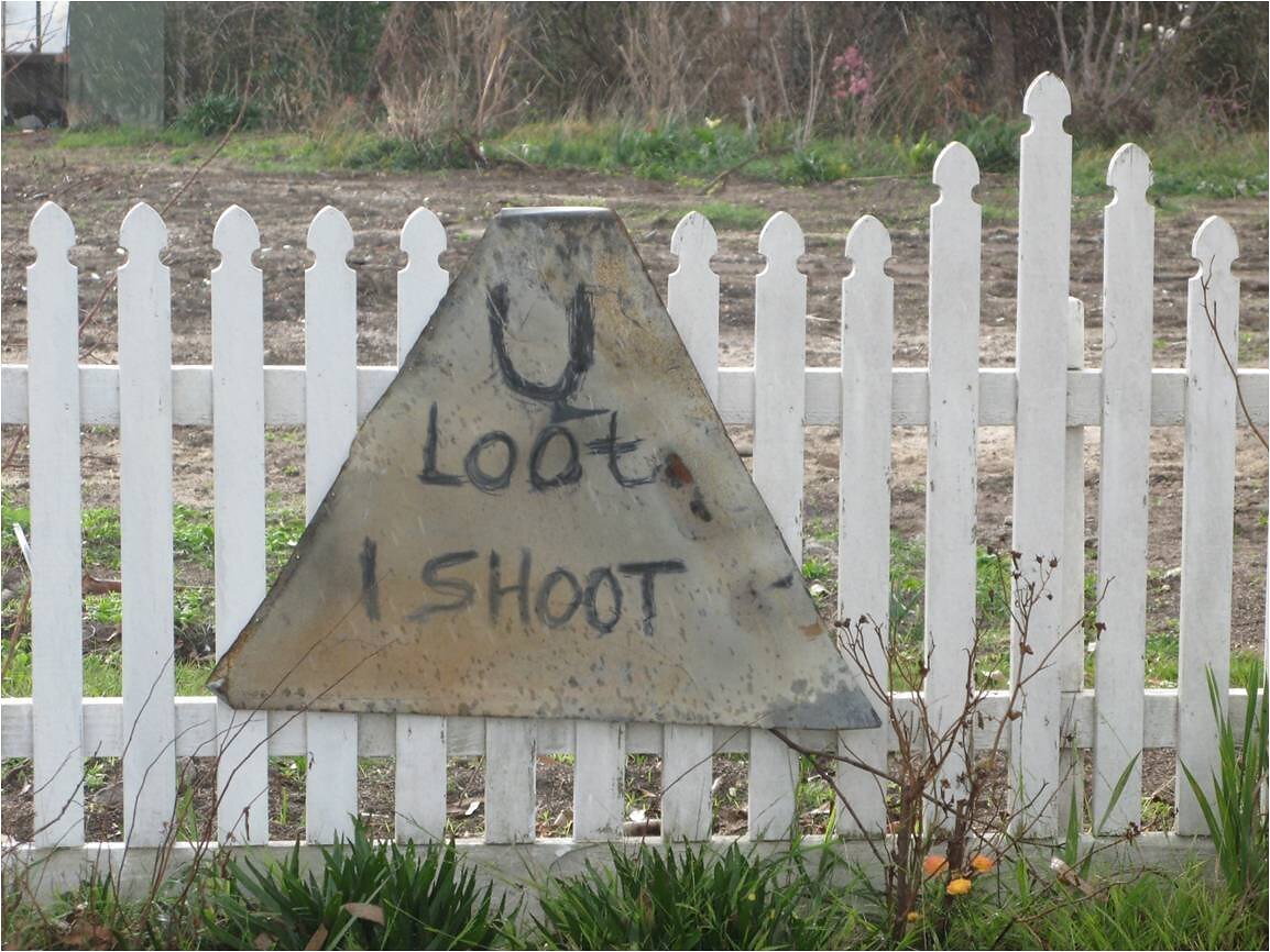 Sign - `U Loot I Shoot', Devon North, Gippsland, Victoria, 2009 Black Saturday Bushfires, 8 Feb 2009
