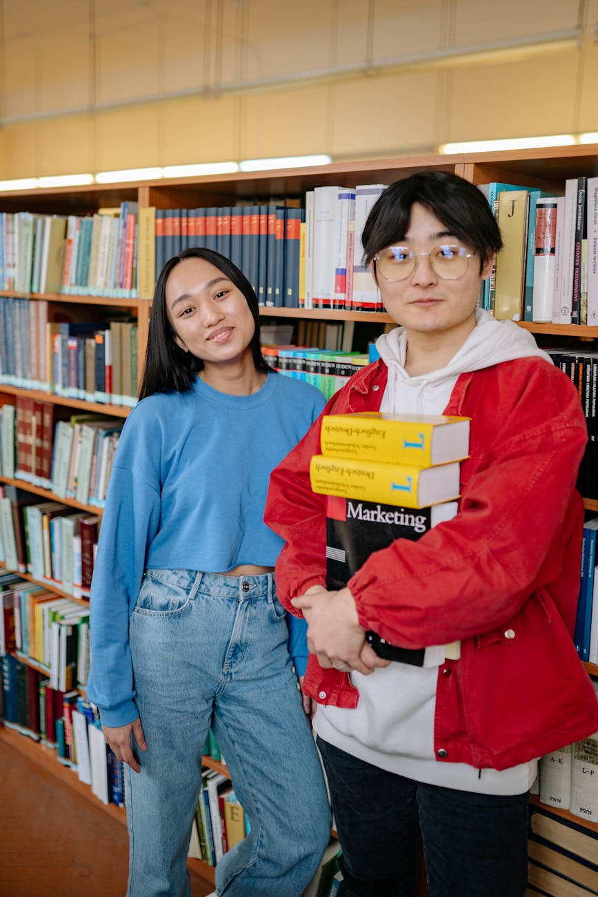 portrait of man and woman in library