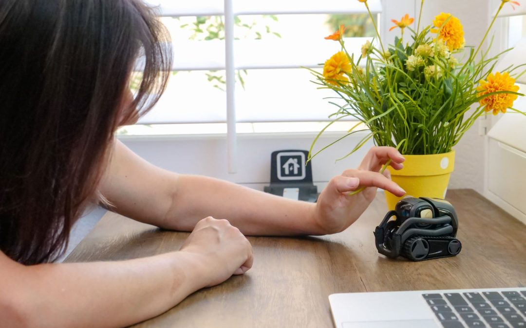 woman touching a black miniature robot toy